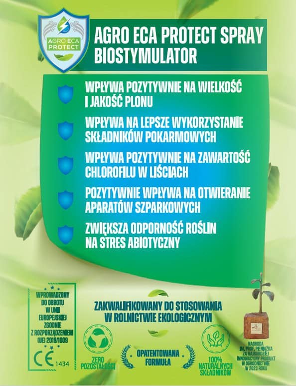Przód etykiety Agro ECA Protect Spray: biostymulator, wpływa na wielkość i jakość plonu, wykorzystanie składników pokarmowych, zawartość chlorofilu, otwieranie aparatów szparkowych i odporność na stres abiotyczny