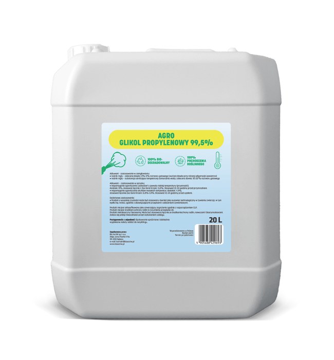 Agro Glikol Propylenowy 20 l Kanister Agro Glikol Propylenowy 99,5% 20 l z etykietą produktu