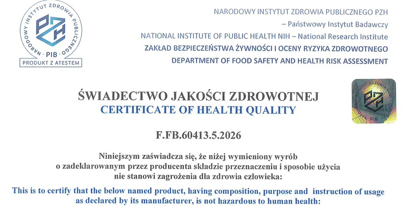 Nagłówek świadectwa jakości zdrowotnej NIZP PZH-PIB numer F.FB.60413.5.2026